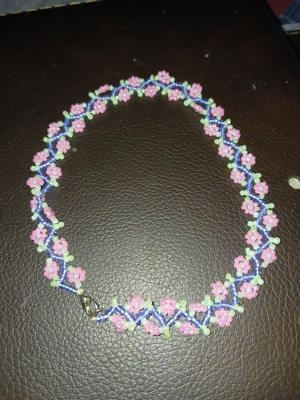 Pink Floral Beaded Necklace with Green Accents